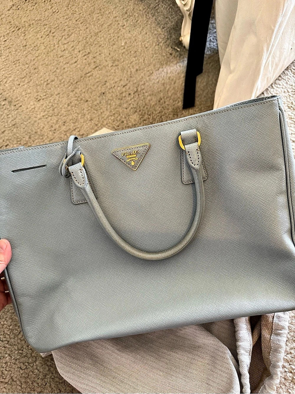 Prada Saffiano Lux Double Zip Tote Satchel Blue